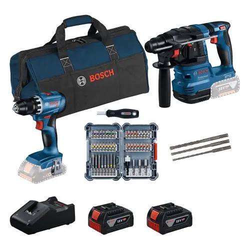 Aanbieding BOSCH Gereedschapset GSR 18V-45 + GBH 18V-22 + 2× GBA 18V 4,0 Ah + GAL 18V-40 + set bits en SDS-plus boren) 0615V0003D