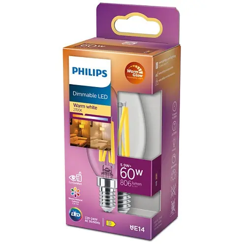 Flitsaanbieding 1x Philips LED Kaars dimbaar (5,9W (60W), E14, Warm Glow)