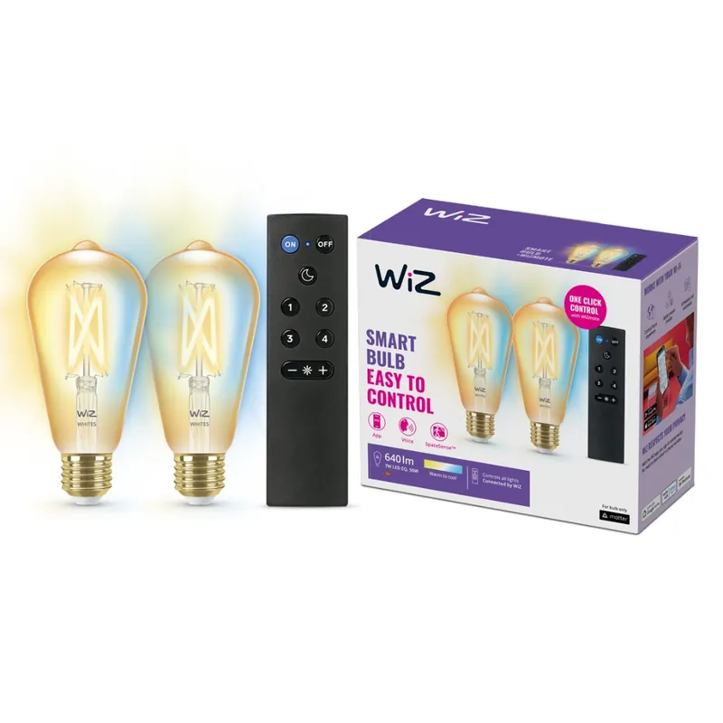 WiZ Dimmerset 2x E27 Filament Edison Goud Warm tot Koelwit Licht en WiZmote 929003057022 Exclusief
