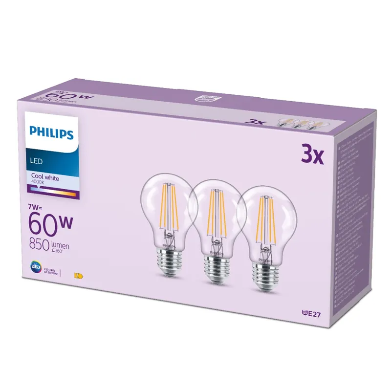 Topkwaliteit Philips LED Lamp 4000K (P-7W (60W), E27, koel wit, 3 stuks)