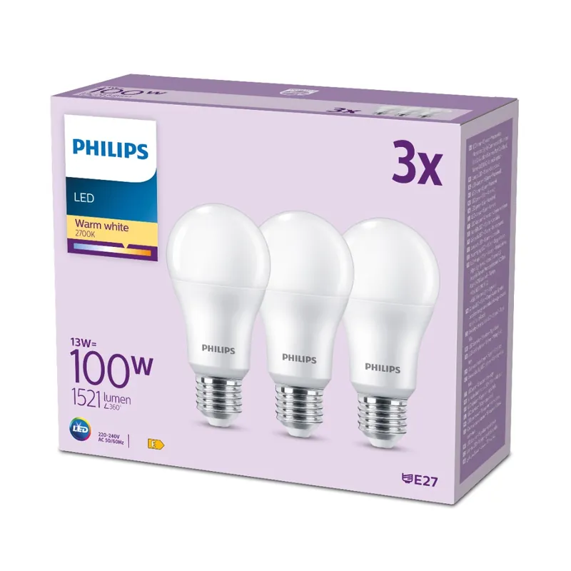 Luxe Philips LED Lamp Mat (P-13W (100W), E27, warm wit, 3 stuks)